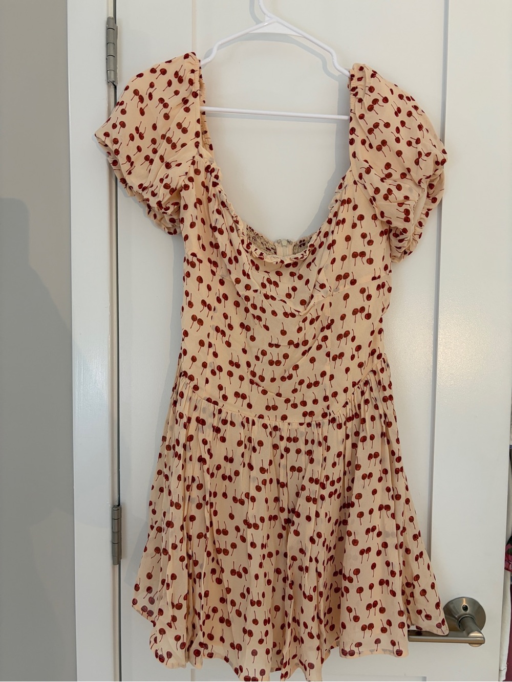 Reformation Cream Mini Dress with Red Cherry Print